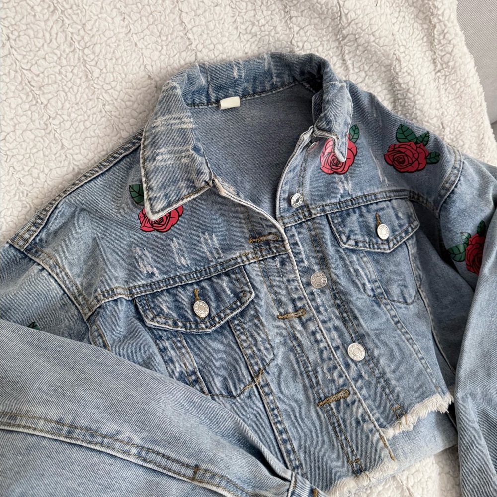 Mega Cropped Denim Jacket with Rose Embroidery by Lulu Simone - Picture 11 of 14